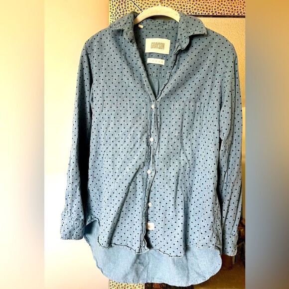 Grayson The Hero Cotton Chambray Blue w/ Navy Polka Dots Button Down Top Size 01 - Picture 1 of 7